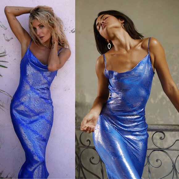 Rat & Boa Sapphire Metallic Snake Print Cowl Neck Slip Maxi Dress - Picture 1 of 16